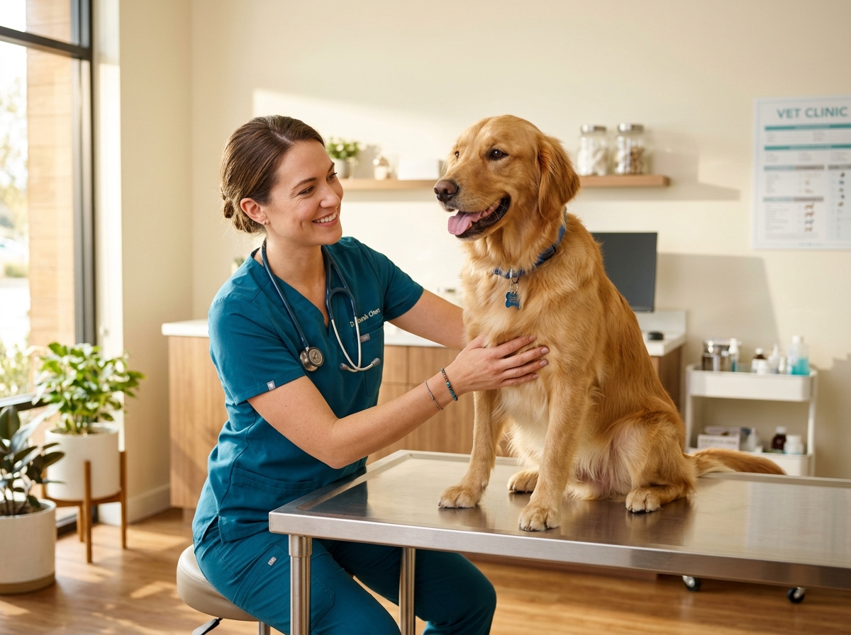 Veterinaria examinando con calidez holística a un paciente